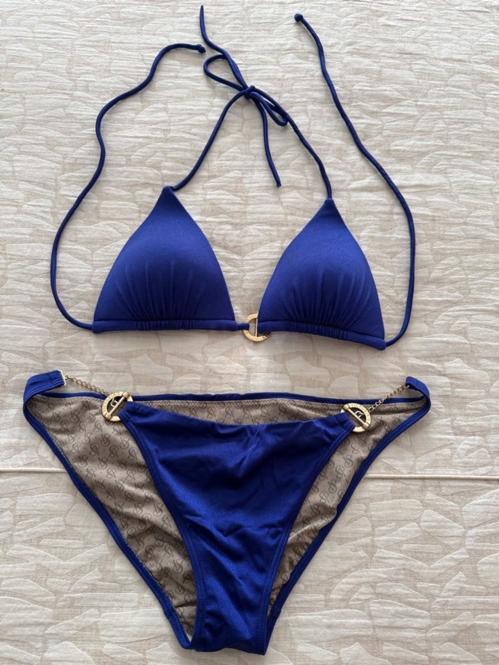 Victoria's Secret Navy Blue Triangle Bikini with Gold Accents